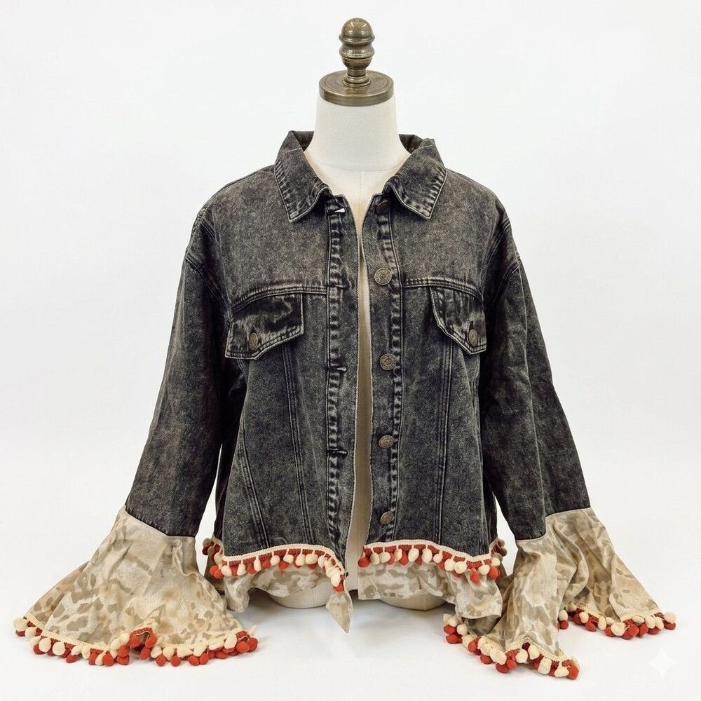 A Rare Bird American Bell Jacket Black Denim Boho Cowgirl Flag Womens NWT